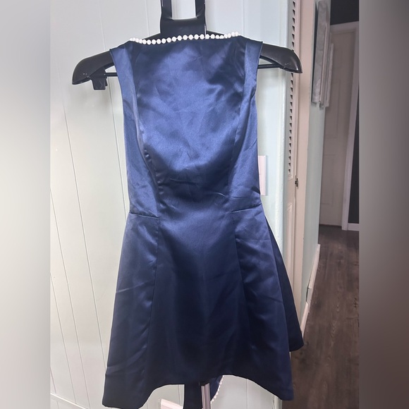 Navy Blue Mini Dress with White Pearl Accents - Picture 4 of 7